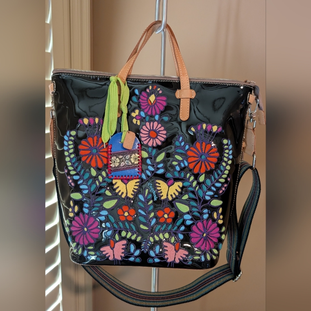 Consuela Black Patent Tote with Multicolor Floral Embroidery